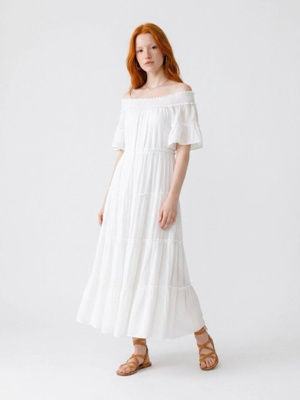 ENTRO White Tiered Off the Shoulder Midi Dress Sz L